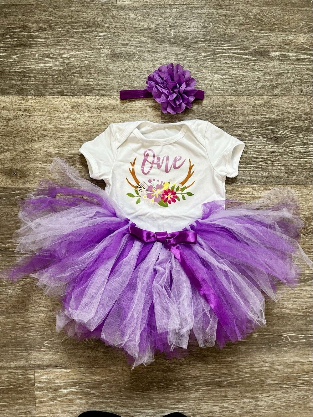 Girls Purple Floral Bodysuit Skirt Headband Set Birthday Outfit 3 Piece